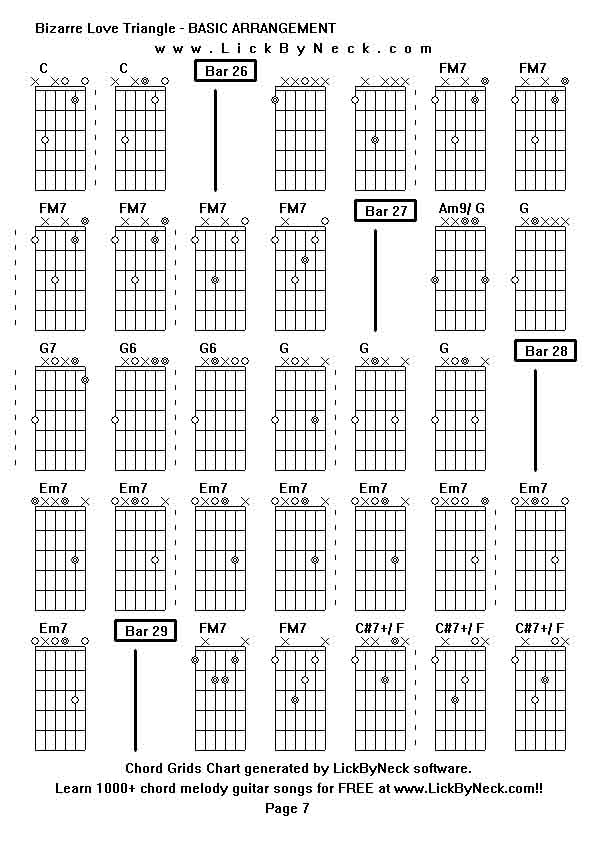 Chord Grids Chart of chord melody fingerstyle guitar song-Bizarre Love Triangle - BASIC ARRANGEMENT,generated by LickByNeck software.